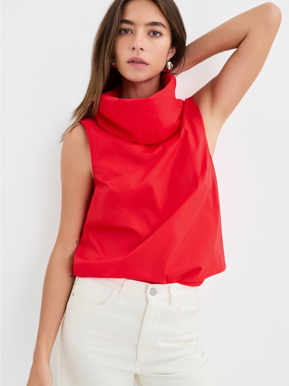 Red Draped Cowl Neck Sleeveless Tank Top